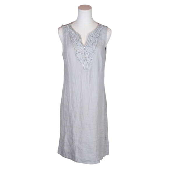 Lina Tomei Italian Linen Dress Gray Embroidered Boho Sleeveless M Made Italy - Picture 1 of 9